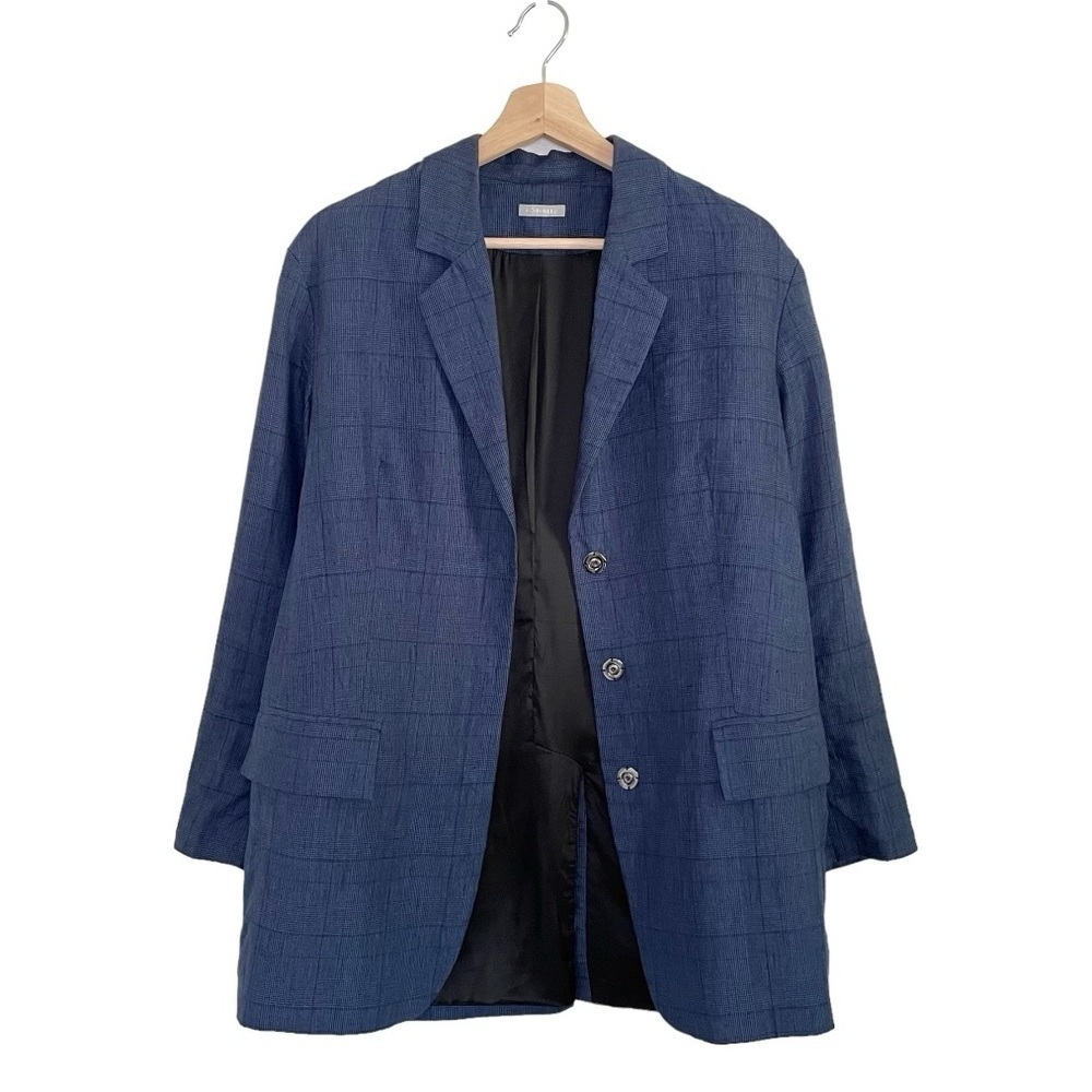 12 Storeez Relaxed Linen Boyfriend Blazer Jacket Blue Glen Plaid Small